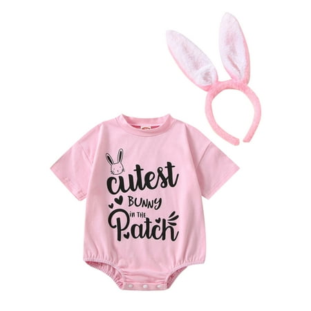 

Ma&Baby Easter Newborn Baby Boys Girls 2Pcs Outfits Short Sleeve Letter Romper with Bunny Ears Headband Set