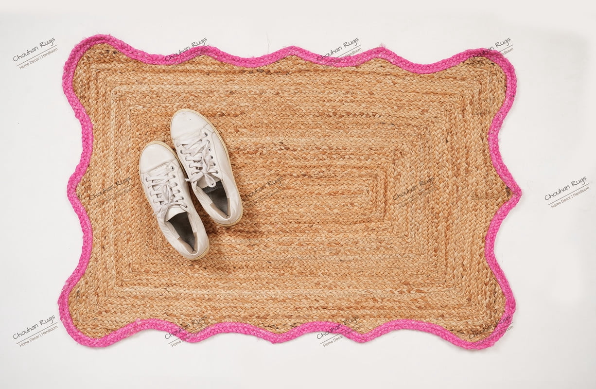 Rectangle Rug Natural Jute Rug Hand Braided Beige and Pink Color Rounding Line Area Rug
