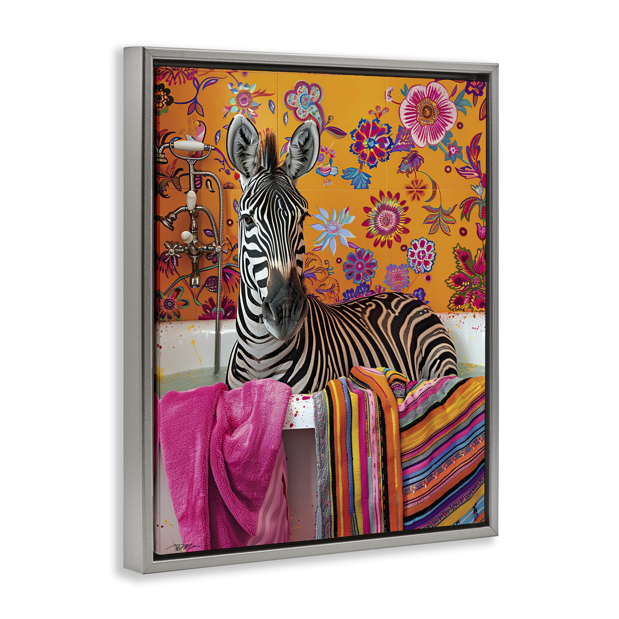 Zebra Bath with Colorful Towel Gray Framed Floater Canvas Wall Art, design by Momart
