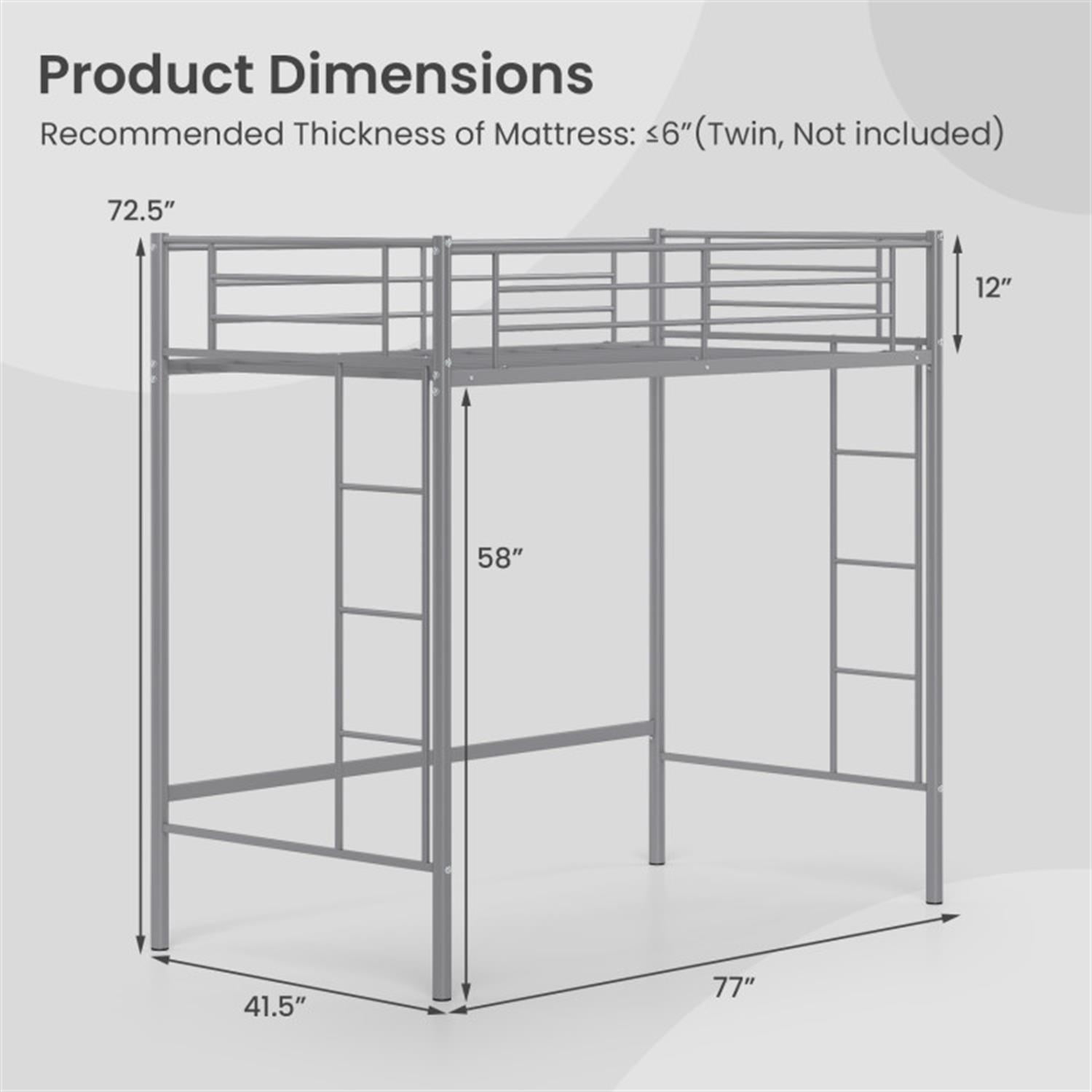 Demi Bonn Metal Twin Loft Bed Frame with 2 Ladders Full-length Guardrail for Teens, Silver