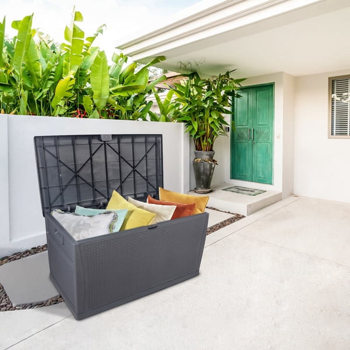 460L Outdoor Garden Plastic Storage Deck Box , Lockable, Waterproof, Dual Function Seat,Gray
