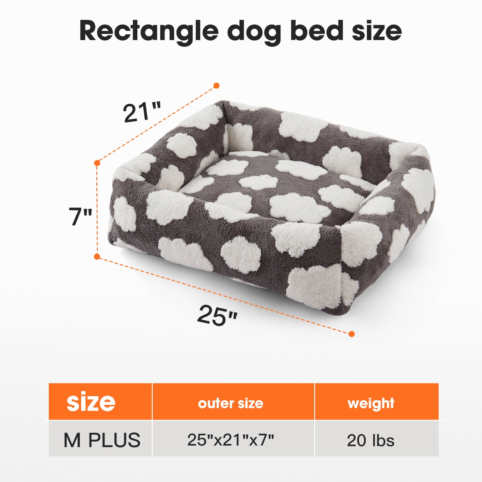 Cute Dog Bed for Medium Dogs, Cozy Rectangle Orthopedic Sofa , Washable Pet Beds with Jacquard Shaggy Plush and Anti Slip Bottom, Gray, 25"x21"x7"