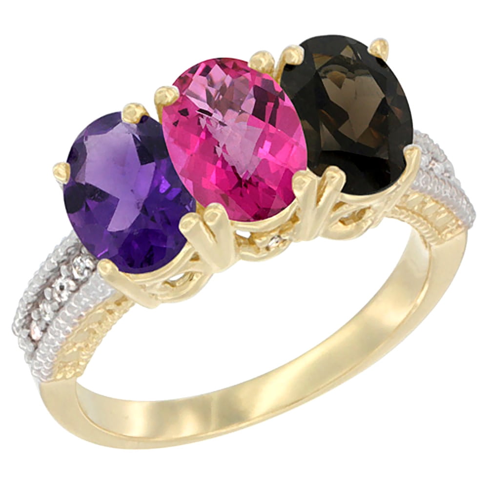 10K Yellow Gold Diamond Natural Amethyst, Pink Topaz & Smoky Topaz Ring Oval 3-Stone 7x5 mm,sizes 5-10 by WorldJewels