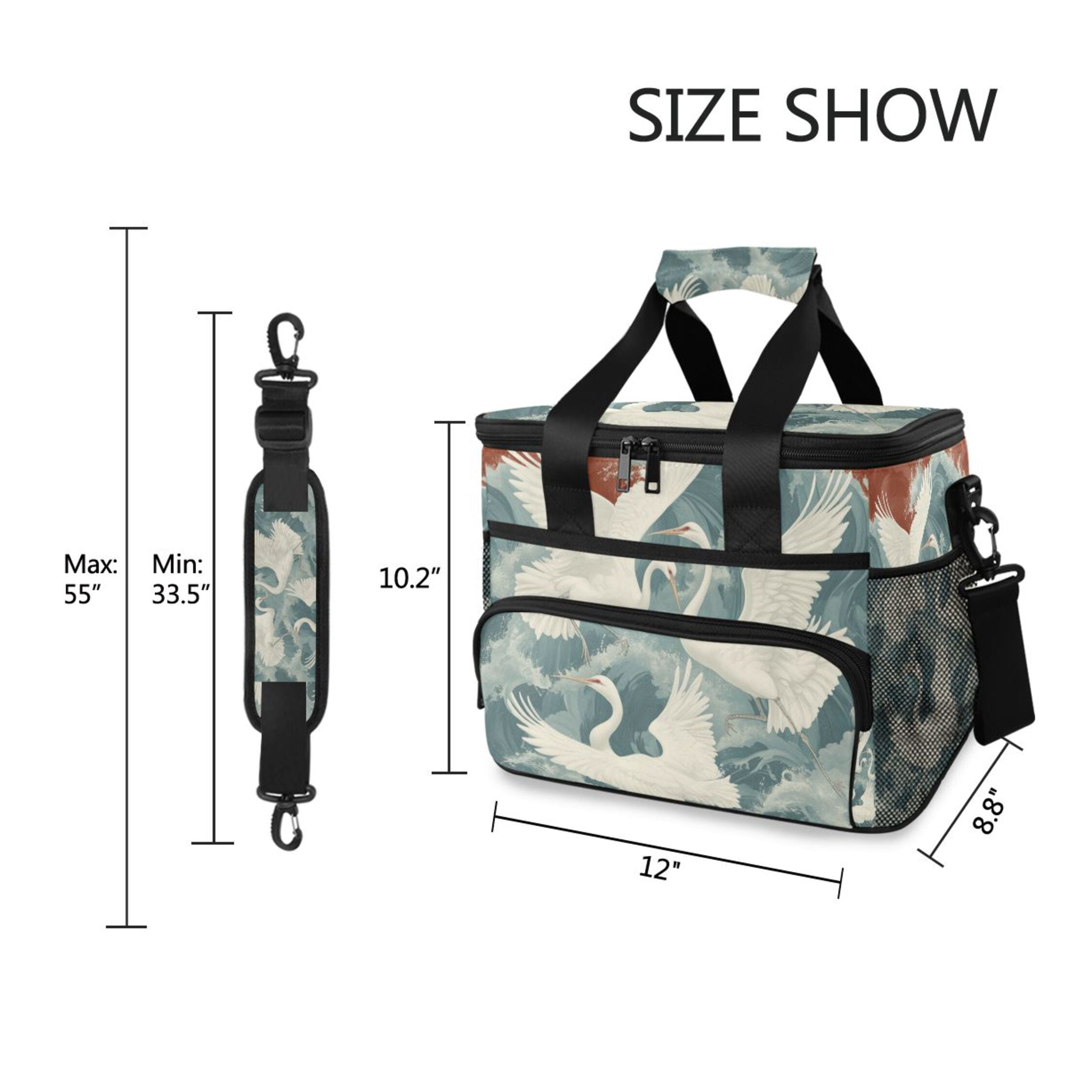White Crane in The Waves Insulated Lunch Bag 15L Cooler Box for Women Men Work Camping Beach Travel