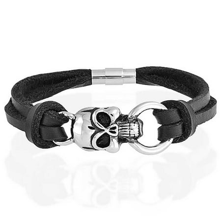 Skulls Bracelet Skulls Crossbones Genuine Black Leather Multi Strand Wrap Stainless Steel Cuff Bracelet For Men For Women Bikers ()
