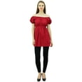thumbnail image 3 of Bimba Women's Off shoulder Puff Sleeve Tops Elastic Waist Blouse Cotton Tunic, 3 of 9