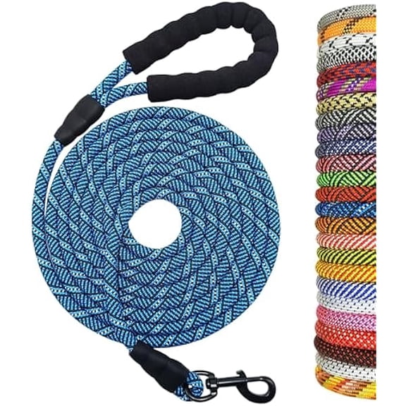 Eryueer 30ft Long Rope Dog Leash, 3/6/8/10/12/15/20FT Dog Lead Recall Training, Soft Padded Handle Thick Nylon Pet Leash for Large Medium Dogs (30ft * 1/2", Blue Black)