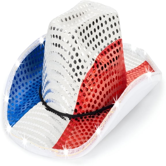 TELOLY Sparkly Us Flag Western Cowboy Hat-4Th of July Red White Blue Sequin Cowgirl Hat for Independence Day Party