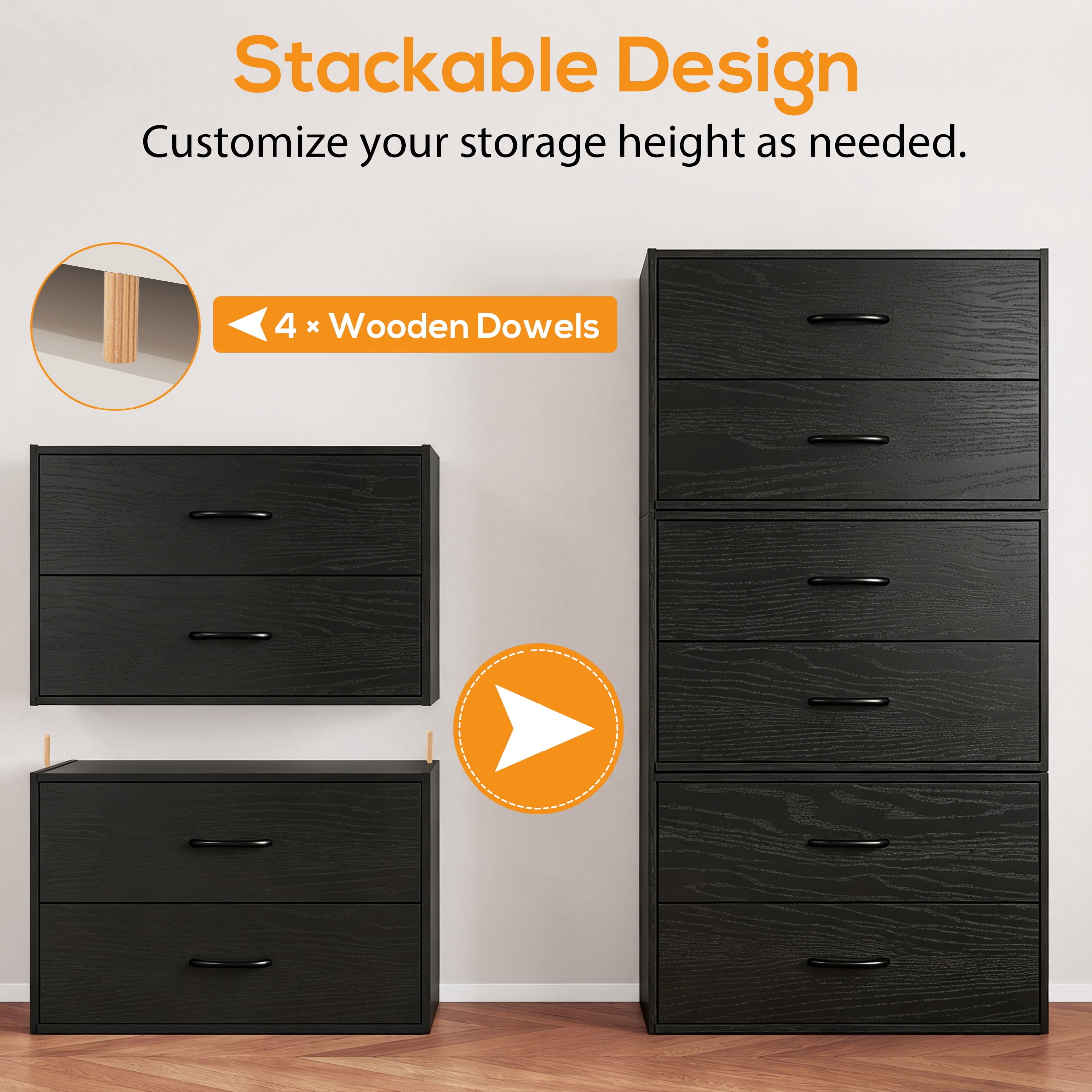 Prilinex 2 Drawer Dresser for Bedroom Set of 4, Stackable Storage Drawers Closet Organizers and Storage, Modern Wood Dressers with Anti-Tip for Bedroom, Living Room, Black