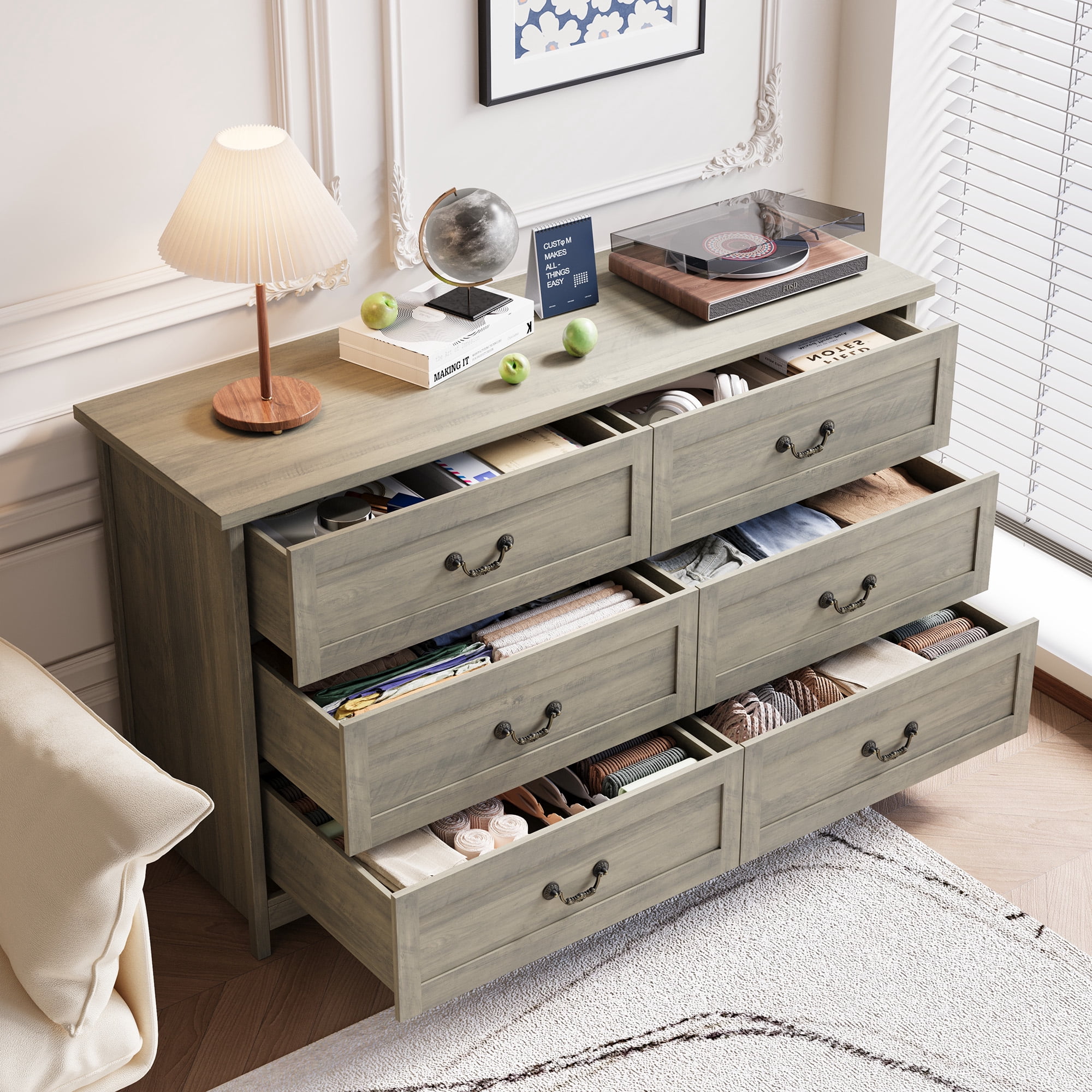 SUGIFT Modern 6-Drawer Dresser for Bedroom, Rustic Gray Finish