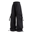 thumbnail image 4 of Parachute Cargo Pants Women Baggy Quick Dry Wide Leg Hiking Pants Pull-on High Waist Hip Hop Pant with Multi Pockets Black L, 4 of 5