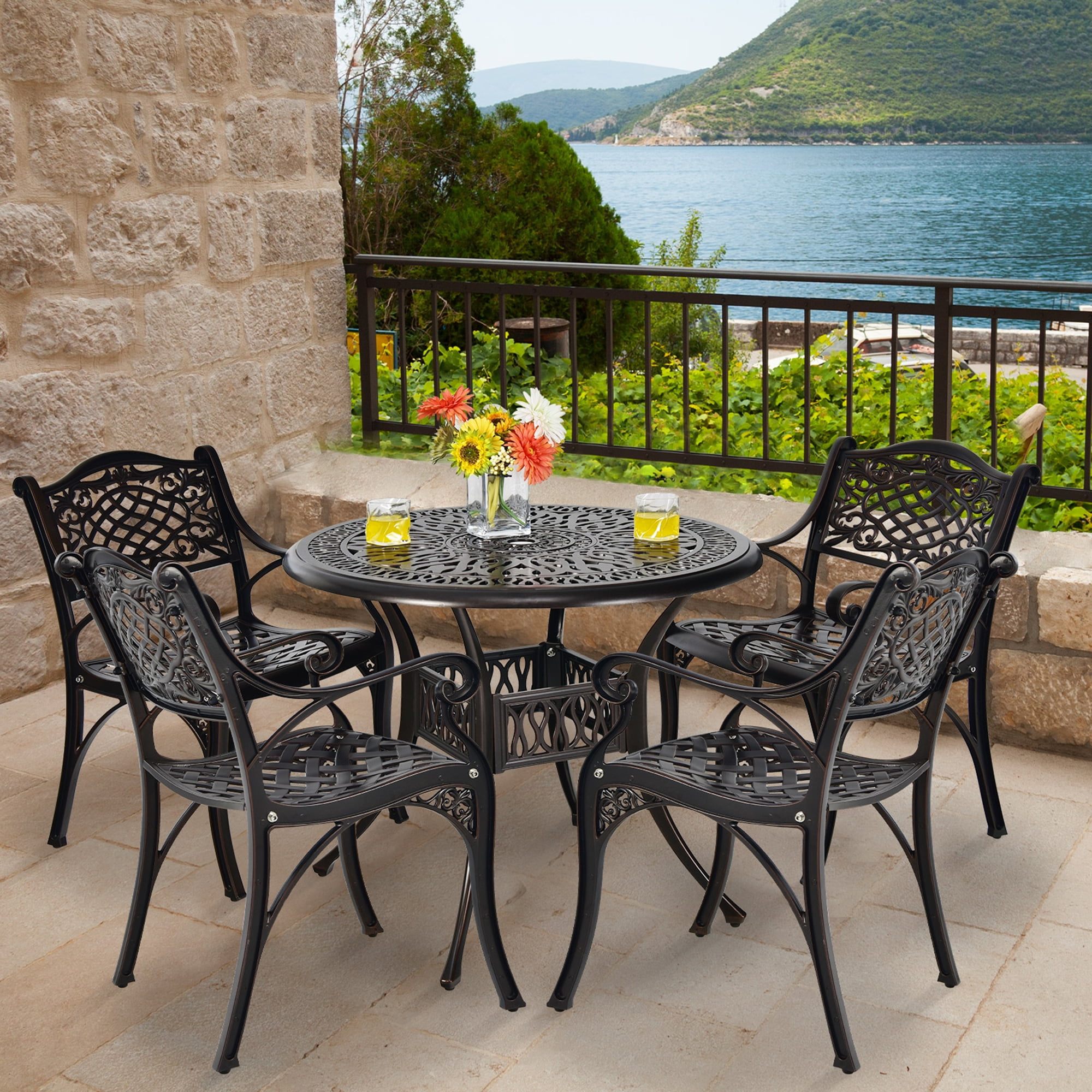 Gymax 5PCS Cast Aluminum Patio Bistro Set Outdoor Dining Table & Chair