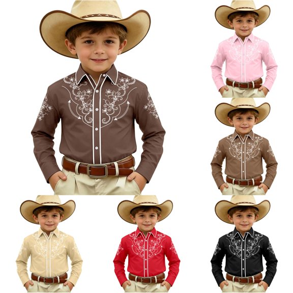WhouRiu Boys Western Cowboy Style Shirts Casual Floral Printed Long Sleeve Button Down Shirts Kids Fashion Comfortable Cute Everyday Tops,10-11 Years