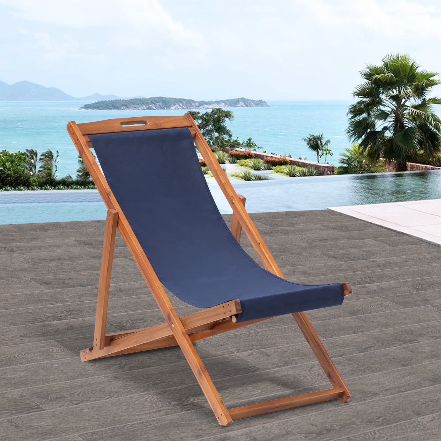 Beach Sling Chair Set, Folding Adjustable Frame Patio Lounge Chair Set of 2 Outdoor Solid Wood Frame Portable Reclining Beach Chair with White Polyester Canvas 3 Level for Beach Swimming Pool - image 2 of 7