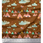 Soimoi Brown Cotton Voile Fabric Tribal Hut,Star & Cloud Nature Print Fabric by the Yard 42 Inch Wide