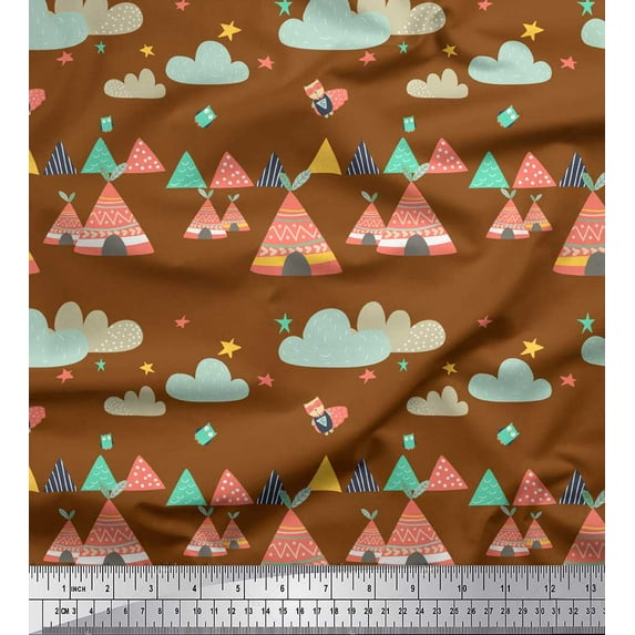 Soimoi Brown Rayon Fabric Tribal Hut,Star & Cloud Nature Decor Fabric Printed Yard 56 Inch Wide