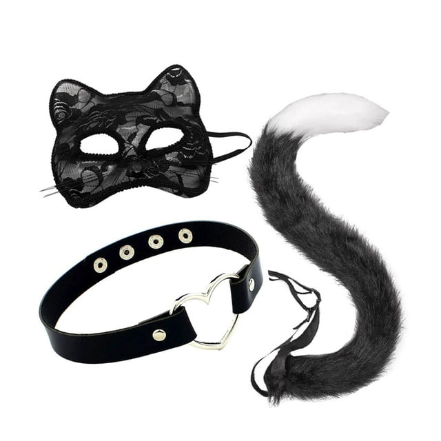 Conjunto de collar y cola con orejas de gato Yinane disfraz de animal decorativo Negro
