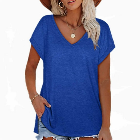 Blue Young Adult Tops 2025 European and American Fashion Solid Color Slit V Neck Short Sleeved Ladies T Shirt Plus Size Tops for Women