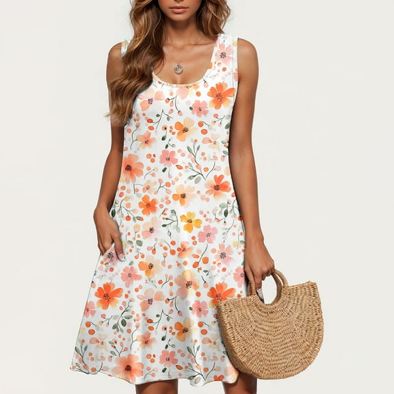 TOPUUTP Summer Dresses for Women Loose Crew Neck Flowy Pockets Sleeveless Sundress Tank A-Line Floral Print Spring Beach Outfits Swimsuit Coverup Yellow L