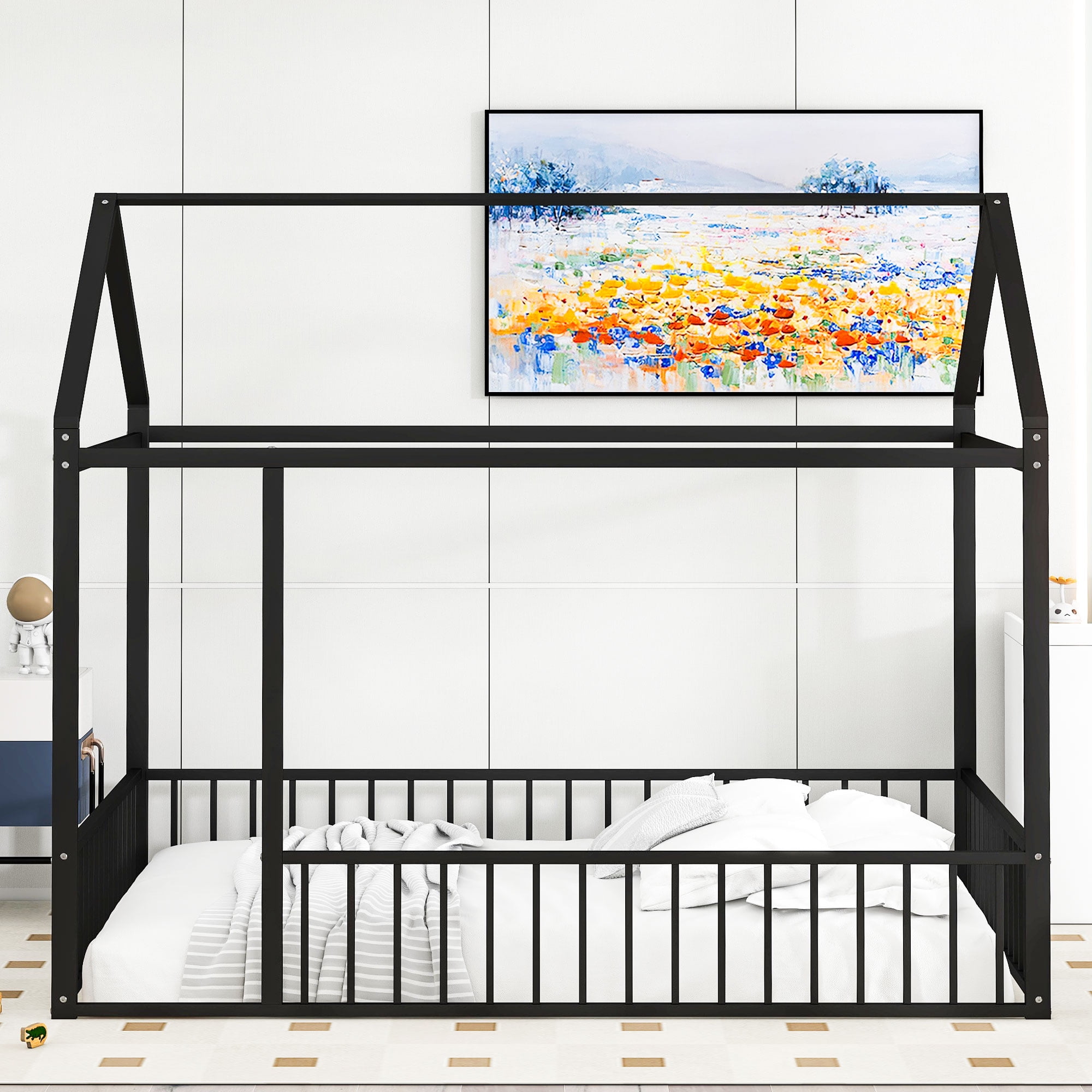 Gewnee Full Size Metal House Bed frame with Fence,Montessori Floor Bed for Toddler and Kids,Black