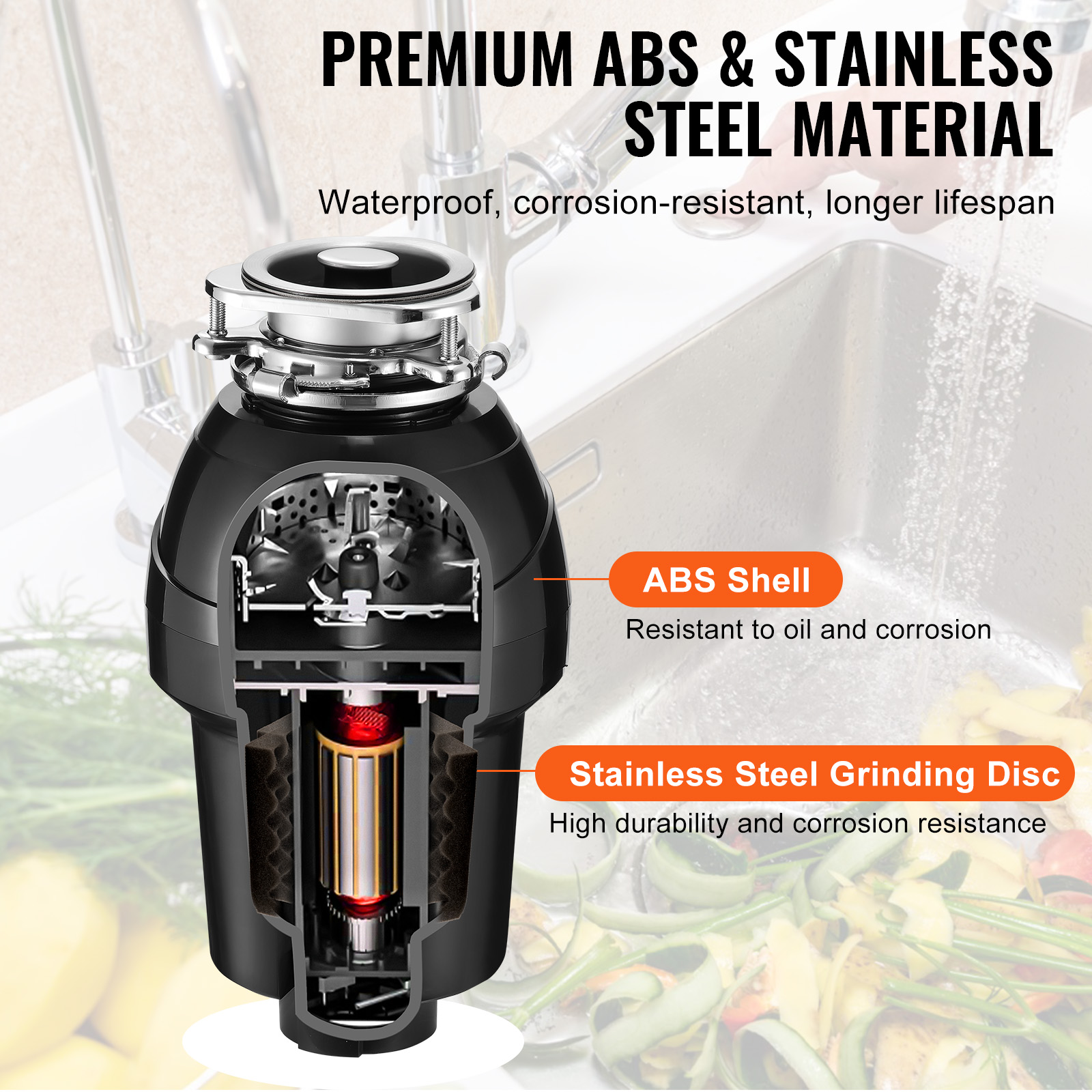 VEVOR Garbage Disposal, 1.25HP 3360RPM Continuous Feed Food Waste Disposer, EZ Connect Food Waste Grinding System with Sound Reduction, Power Cord & Splash Guard for Kitchen Sinks