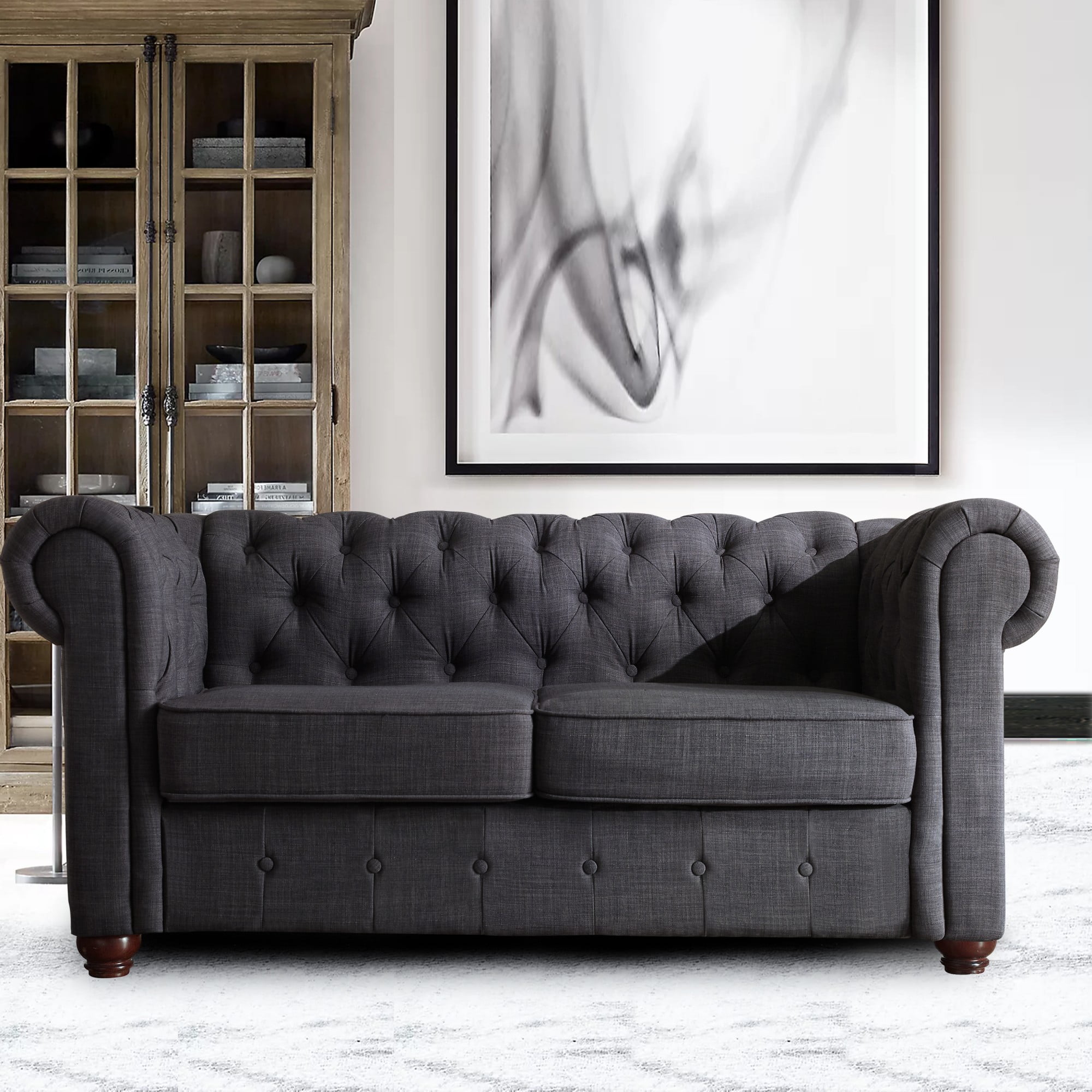 Gewnee Dark gray 65” Loveseat, Solid Wood Frame & Rubberwood Legs for Living Room, Apartment, Guest Room