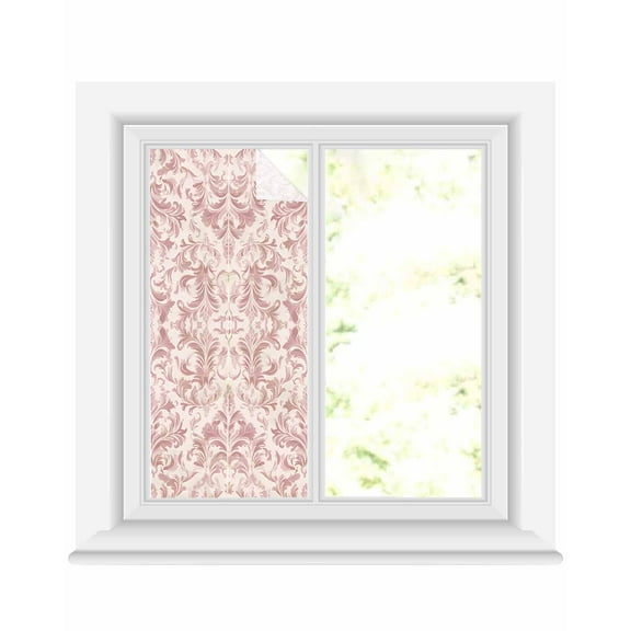 Window Privacy Film Pink Baroque Stained Glass Window Film Decorative Sun Block Window Cover Farmhouse Scroll Floral Damask Patterned Window Clings Static Adhesive Sticker for Bathroom 19.6"x39.3"