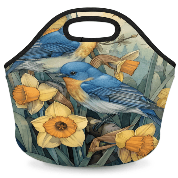 Herdesigns Vintage Floral Bird Insulated Lunch Bag Neoprene Lunch Box for Women Men Soft Cooler Bag Washable Lunch Tote for Work Outdoor Picnic