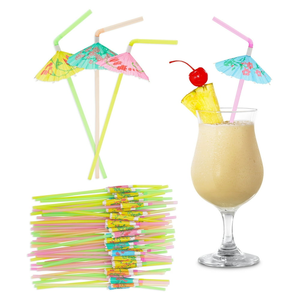 150 Pack Tropical Umbrella Straws for Cocktail Drinks Garnish, Hawaiian