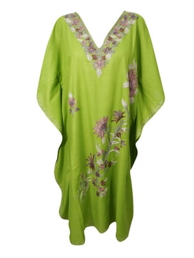 Mogul Women Floral Short Caftan Embellished Bikini Cover Up Resort Style Sleepwear Tunic Dress Kaftan 2X
