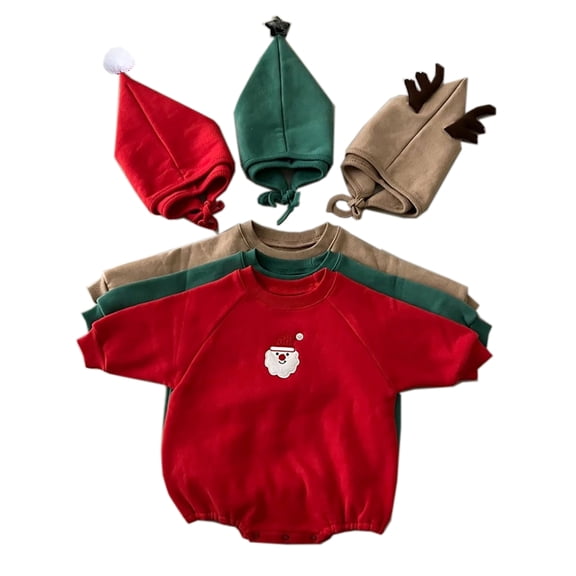 WIBACKER Baby Christmas Sweatshirt Romper with Lining Hat, Newborn Girl Boy Santa Claus Outfits Set