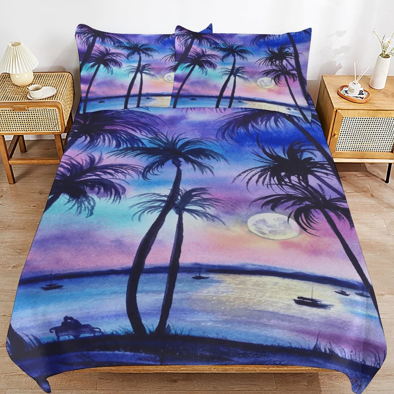 Hawaiian Style Sunset Tropical Beach Palm Tree 3D Set Duvet Cover Quilt Cover Theme for Full Size
