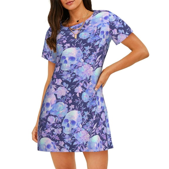 Logiee flower crystal Skull Print Nightgowns for Women,Soft Short-Sleeved Lightweight Sleepwear, Loose Sleepshirts