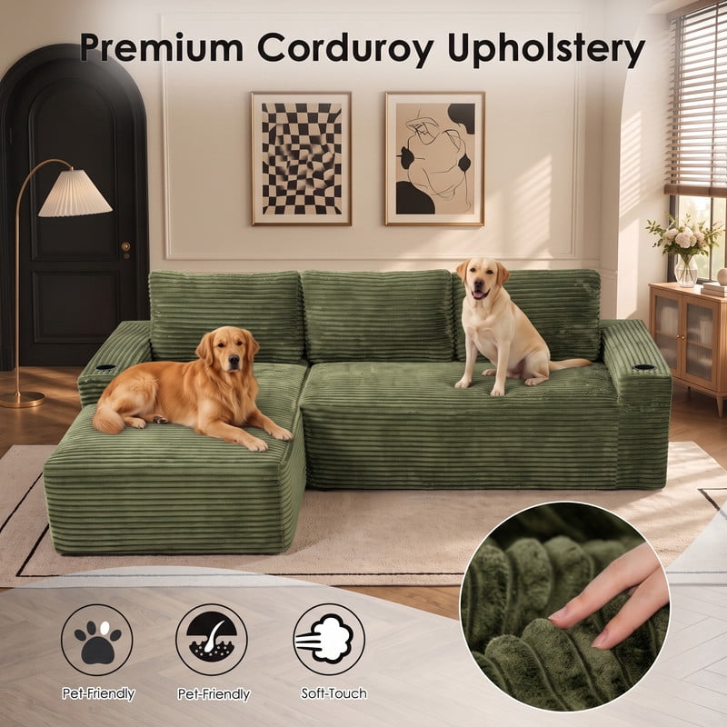 Anpport 104" Boneless Cloud Modular Sectional Couch, Corduroy Sofa with Cup Holders, Side Pockets, Deep Seat, No Assembly Required for Living Room, Green (L‑Shaped, Left Facing Chaise)