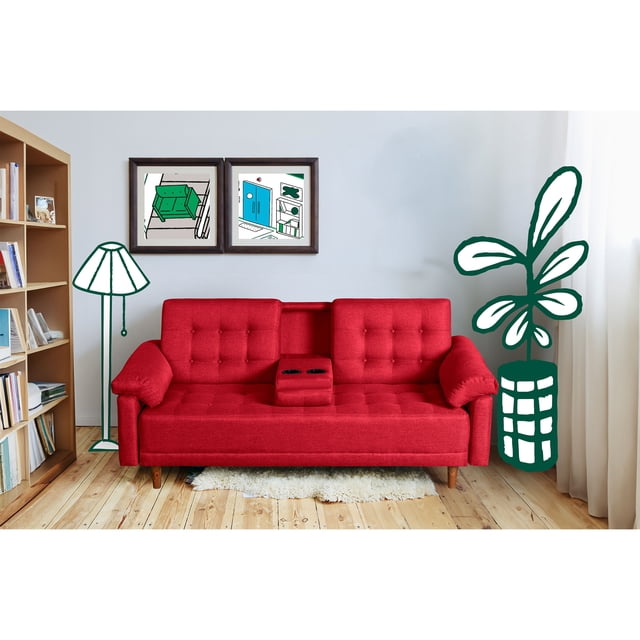 Sofá Cama Con Portavasos De Lino Rojo Modelo Andros