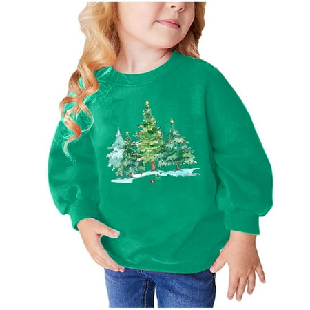 

GA WEIHUA Reduced Toddler Girl Sweatshirt Christmas Crewneck Sweatshirt Xmas Tree Sweatshirts Kids Long Sleeve Pullover Winter Cotton Cute Graphic Clothes Sizes 2-9(Green 2 Years)