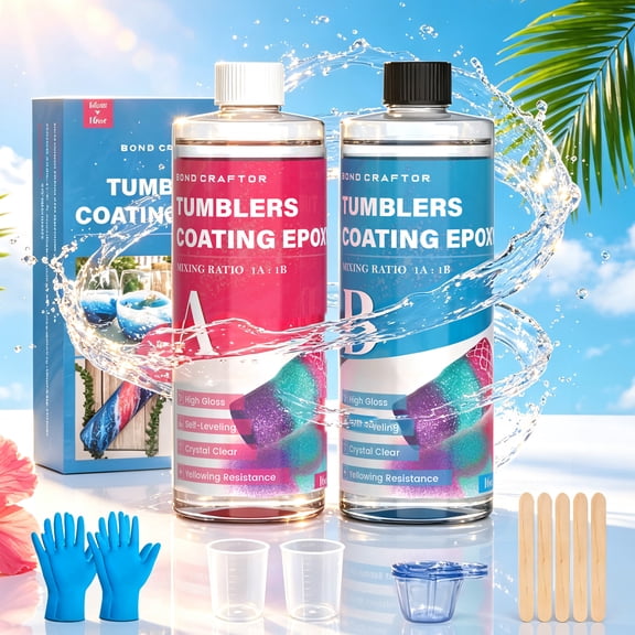 Bond Craftor 32oz Tumbler Coating Epoxy Resin Kit, Crystal Clear Fast Cure Formula, UV Resistant & Low Odor, Easy 1:1 Mix for Cups and Mugs
