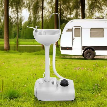 DEXTRUS Portable Camping Sink, with Towel Holder & Soap Dispenser, Rolling Wheeled Hand 17 L Wash Basin Stand, for Outdoor Events, Gatherings, Worksite