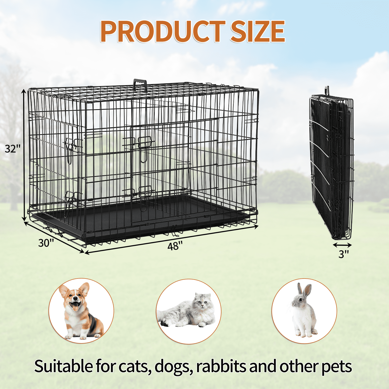 Dkelincs 48 inch Large Dog Crate Portable Foldable Dog Cage with 2 Doors, Handle, Plastic Tray, XXL Dog Kennel for Medium Large Puppy, Black