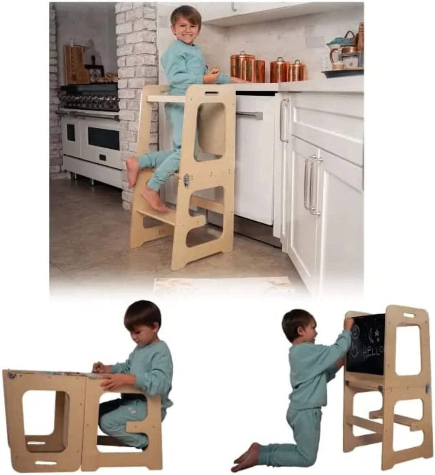Avenlur Date 4-in-1 Foldable Kitchen Tower - Toddler Step Stool with Chalkboard, Desk Table and Chair - Waldorf and Montessori Kitchen Stool - Kitchen Stool Tower for Toddlers 18 Months to 6 Years