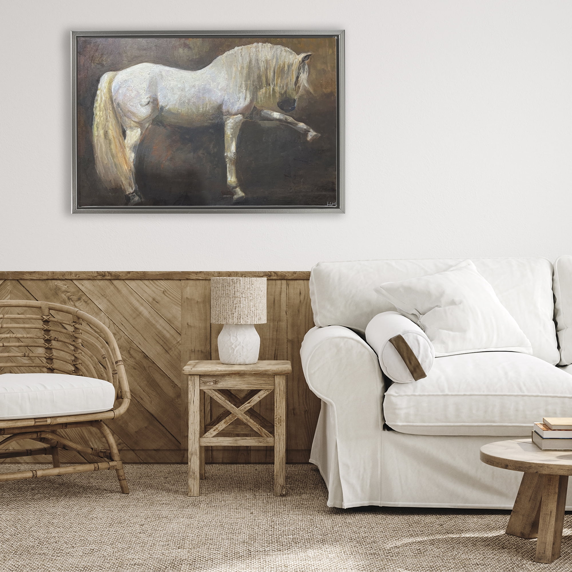 Stupell Industries Elegant White Stallion in Motion Gray Framed Floater Canvas Wall Art, design by Hilary McCarthy