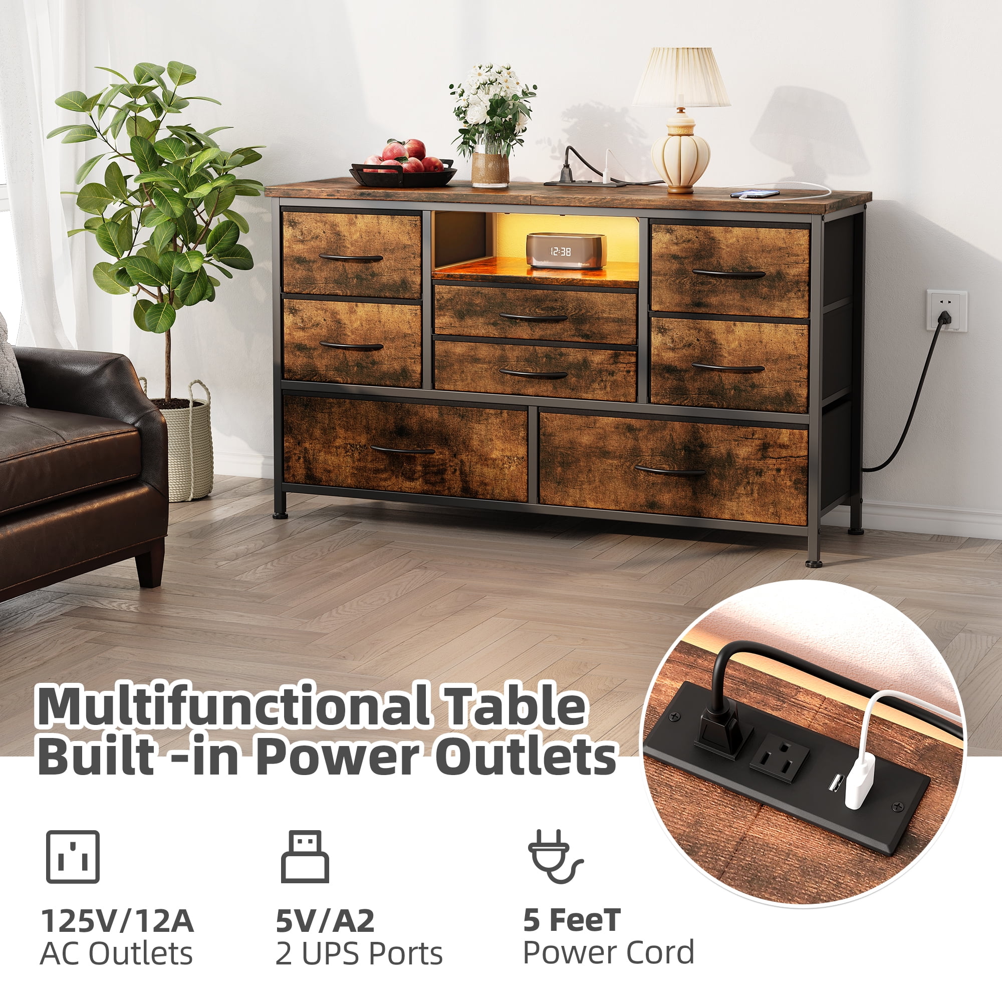 8 Dresser TV Stand with Power Outlet & LED for 55'' TV, Long Dresser for Bedroom with 8 Deep Drawers, Wide Console Table for Storage in Closet, Living Room, Entryway, Wood Top