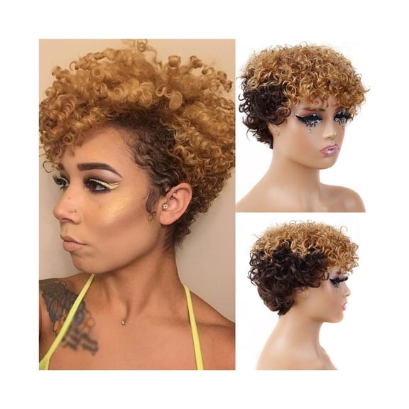 Blonde Wavy Curly Wig Ombre Short Wig Brazilian Brown Human Hair Wig with Bang