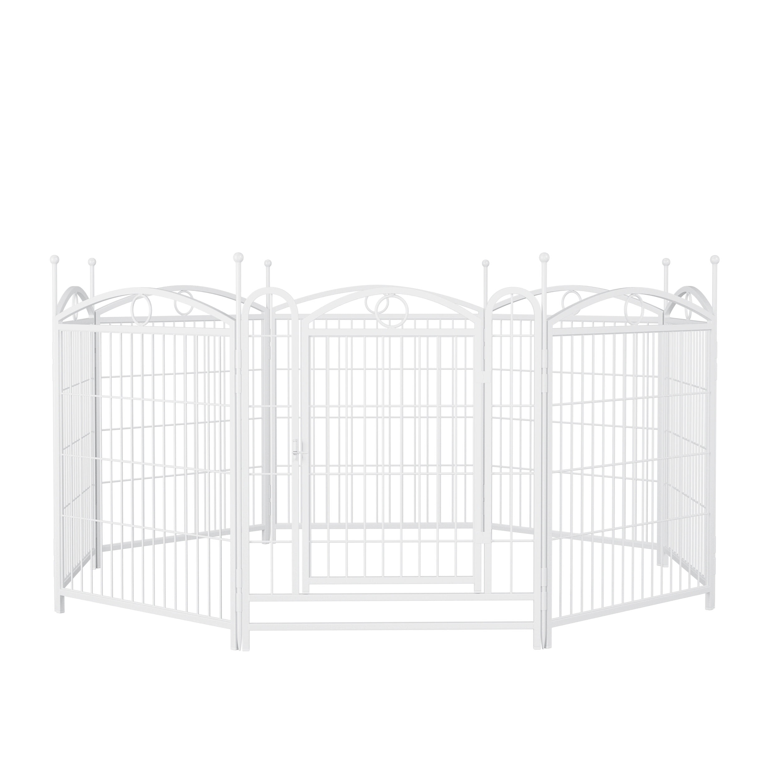 52" White Iron Dog Playpen, 8-Panel Foldable Pet Exercise Pen with Door, 32" Height Fence for Large/Medium/Small Dogs