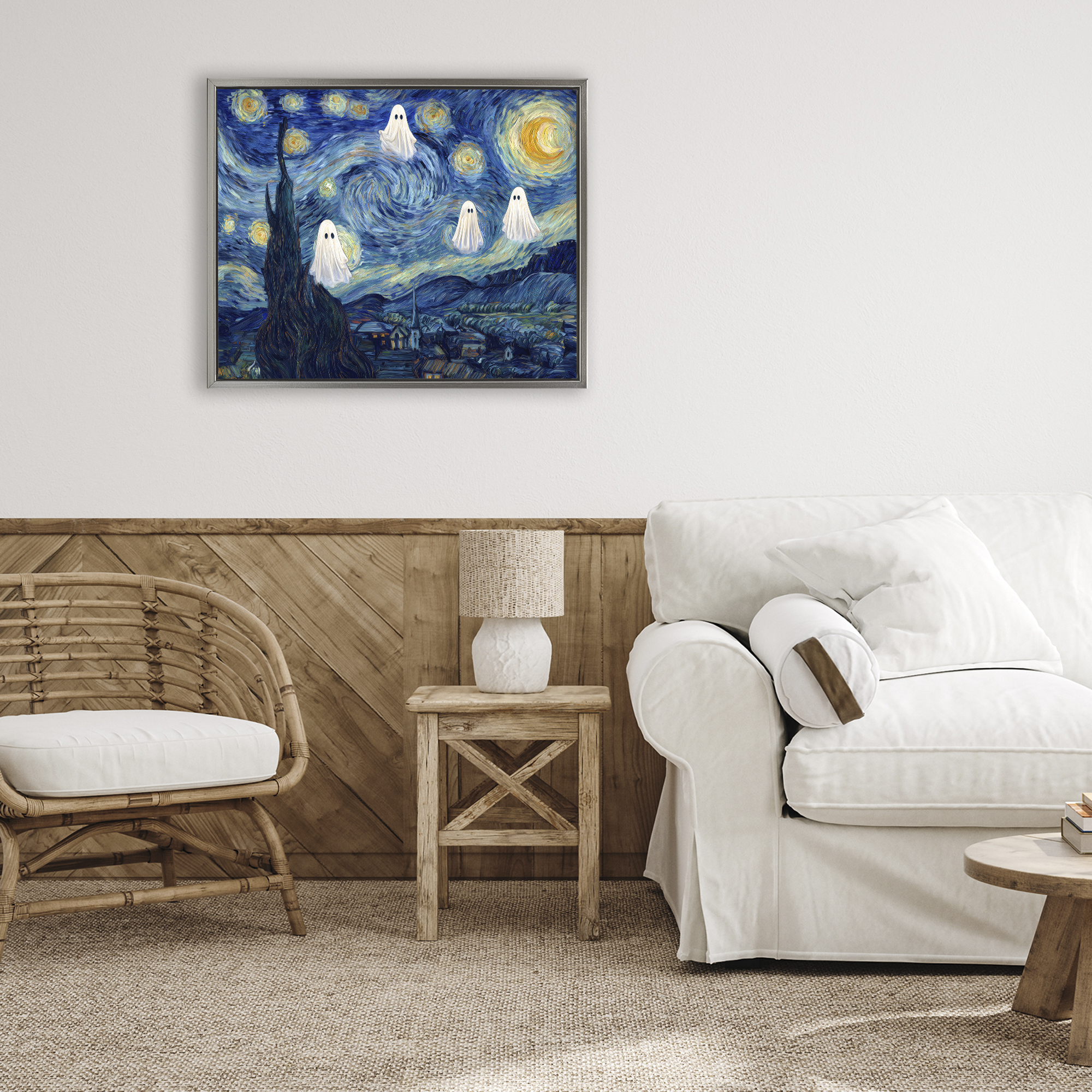 Classic Night Ghosties Gray Framed Floater Canvas Wall Art, design by Arlington Prints