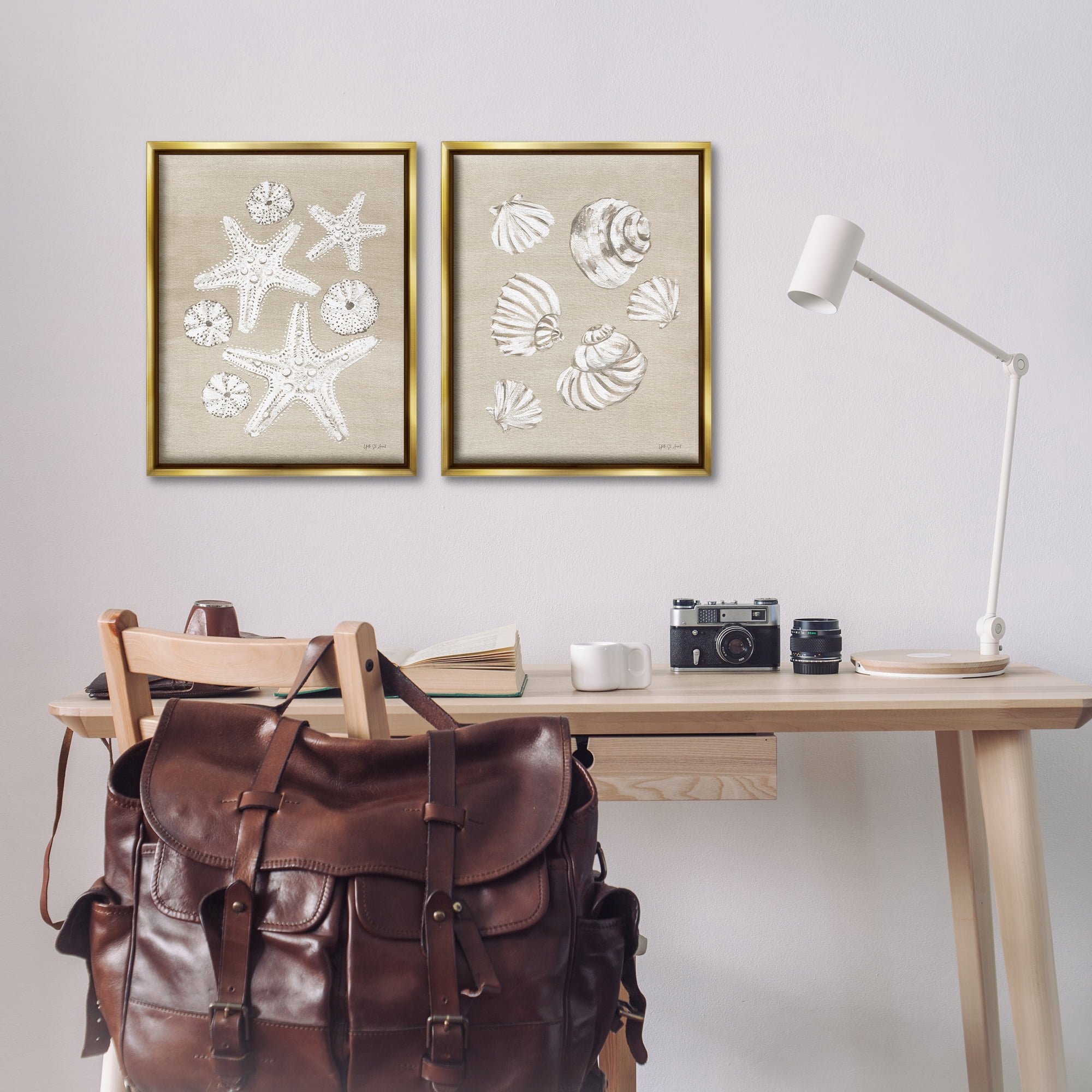 Stupell Industries Beach Treasure Starfish Shells Nautical & Beach Painting Gold Floater Framed Canvas Art Print Wall Art, 17 x 21, Set of 2