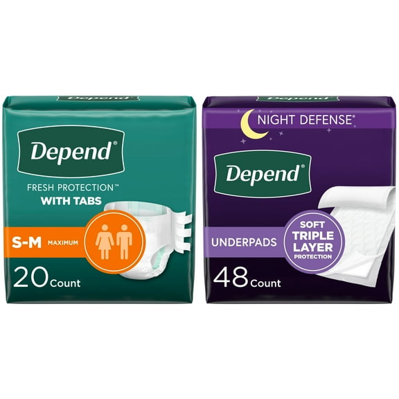 Depend Protection with Tabs Incontinence Underwear (20ct) and Underpads (48ct), Unisex, S/M