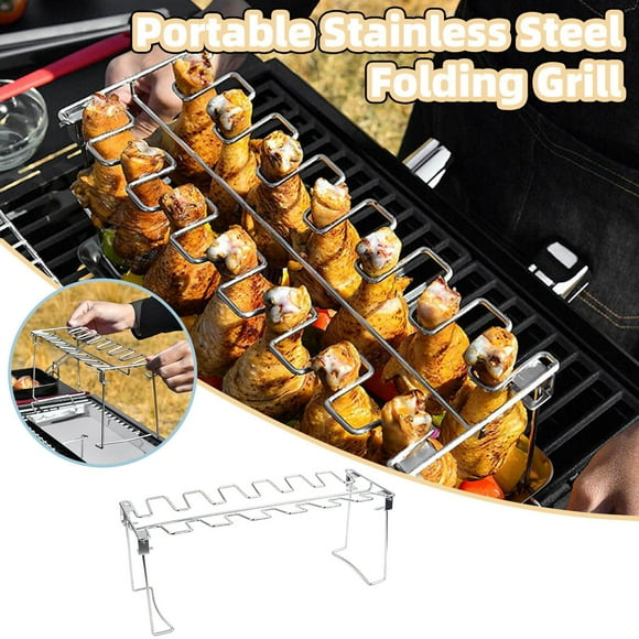 Xihbxyly Parrilla de Acero Inoxidable para Pollo, Gran Capacidad para Alitas y Muslos, Patas Resistentes con Bloqueo, Bandeja Recogegotas para Jugos, Apta para Barbacoa o Horno, Fácil de Limpiar, 35