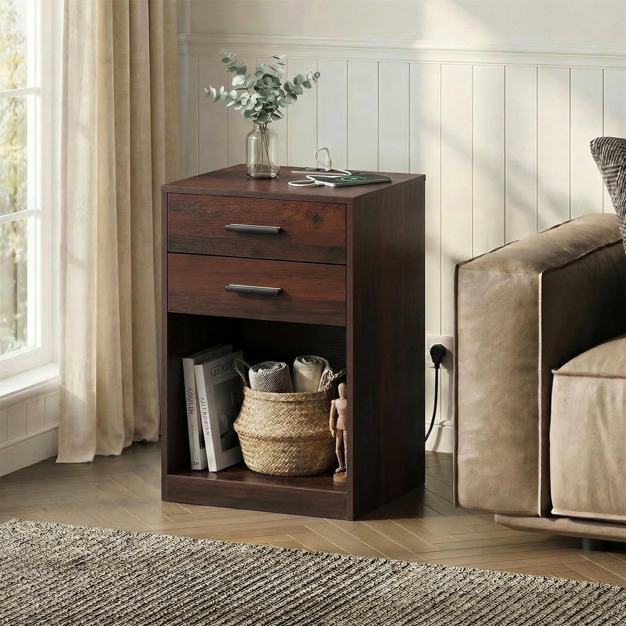 GALAXHERO Nightstand Set of 2 with Charging Station and 2 Drawers, Wood Bedside Table End Table with Open Shelf for Bedroom, Living Room, Espresso
