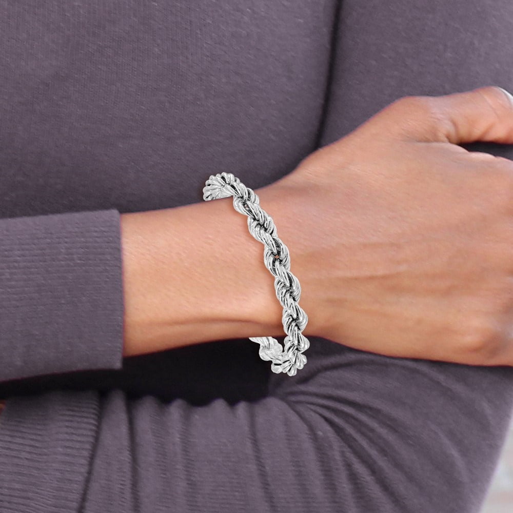 Diamond2Deal 925 Sterling Silver Rhodium-plated Hollow with .5" ext. Rope Chain Bracelet for Men 7.5"